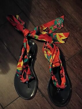 INC International Concepts Black Sandals with Red Tropical Wrap Straps